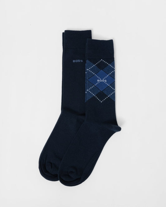 BOSS Orange 2 Pack Mens Combed Cotton Argyle Socks - Dark Blue 403 - CHO - Designer Mens Socks