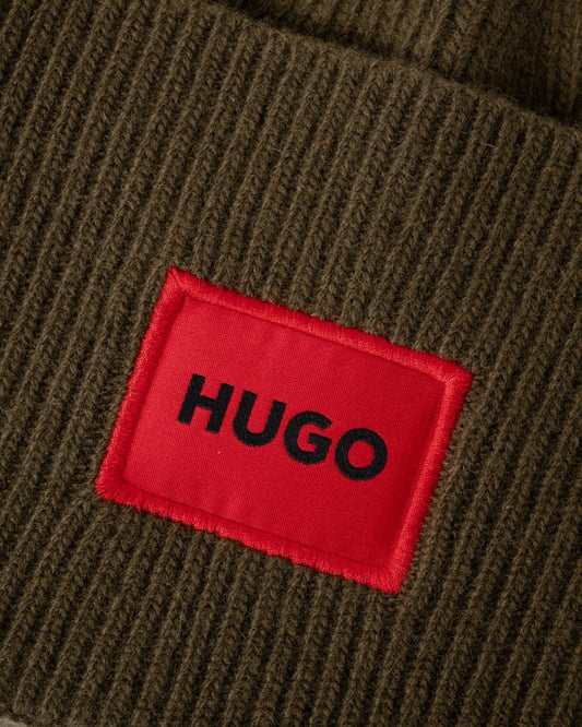 HUGO Xaff 6 Mens Knitted Beanie Hat With Ribbing and Red Logo Label - Green 257
