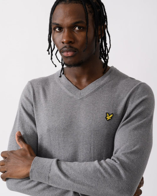 Lyle & Scott Cotton Merino Mens V-Neck Jumper - T28 Mid Grey Marl