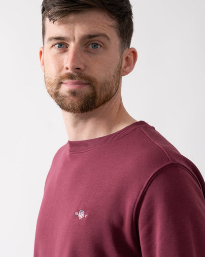GANT Mens Regular Fit Shield Logo Crew Neck Sweatshirt - 638 Wine Red