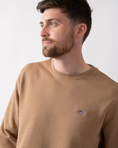 GANT Mens Regular Fit Shield Logo Crew Neck Sweatshirt - 213 Warm Khaki