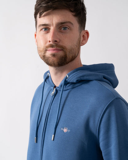 GANT Mens Regular Fit Shield Logo Full Zip Hoodie - 442 Vintage Blue