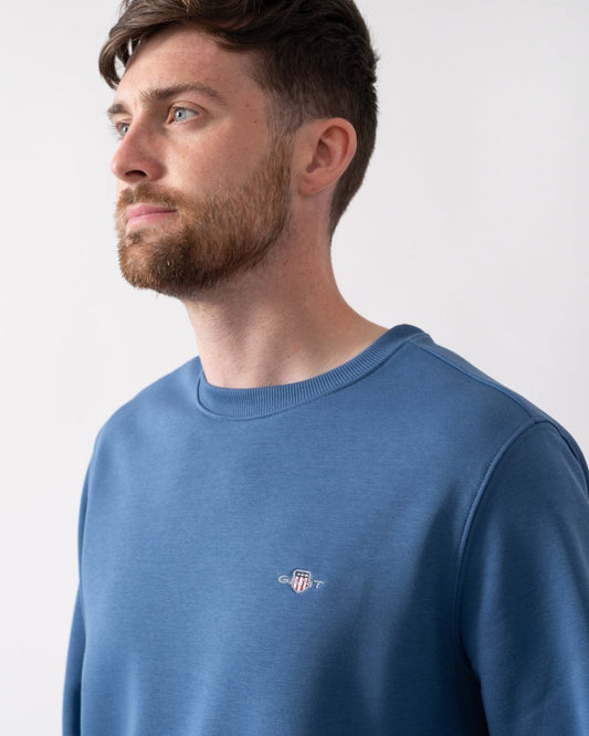 GANT Mens Regular Fit Shield Logo Crew Neck Sweatshirt - 442 Vintage Blue