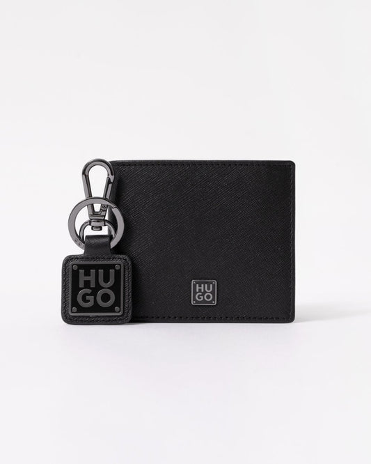HUGO Mens Stacked Logo Wallet and Keyring Set