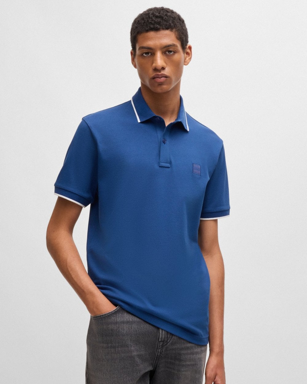 BOSS Orange Passertip Mens Short Sleeve Polo Shirt With Tipped Collar - Open Blue 494