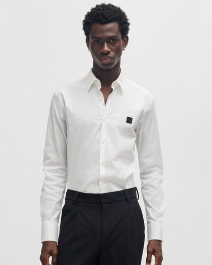 HUGO Ermo Mens Slim Fit Shirt in Stretch Cotton with Stacked Logo - Open White 199