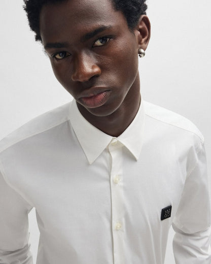 HUGO Ermo Mens Slim Fit Shirt in Stretch Cotton with Stacked Logo - Open White 199