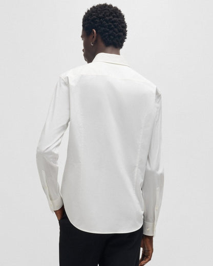 HUGO Ermo Mens Slim Fit Shirt in Stretch Cotton with Stacked Logo - Open White 199