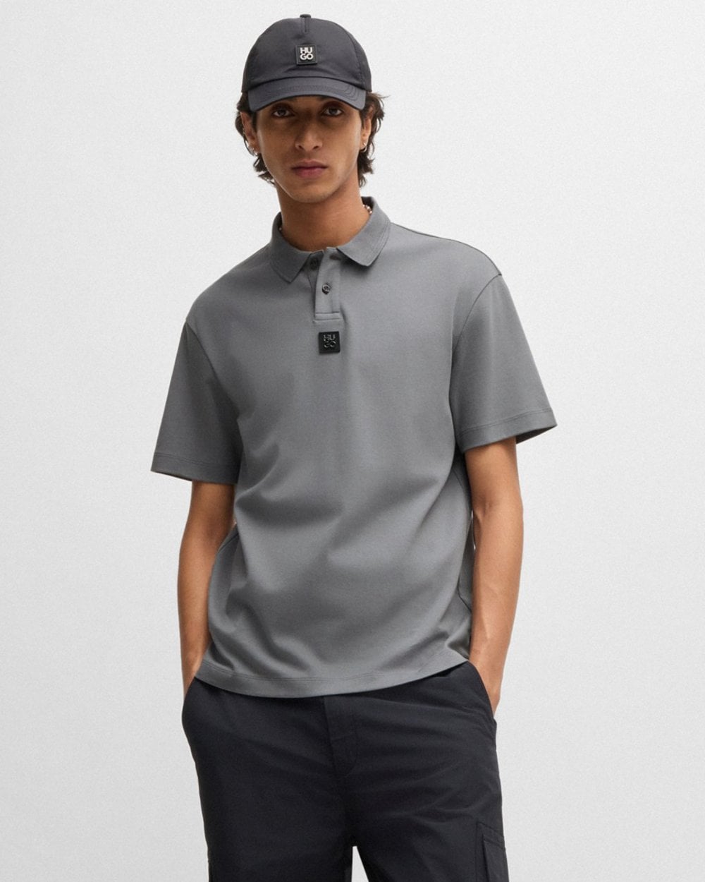 HUGO Deabono Mens Interlock Cotton Polo Shirt with Stacked Logo