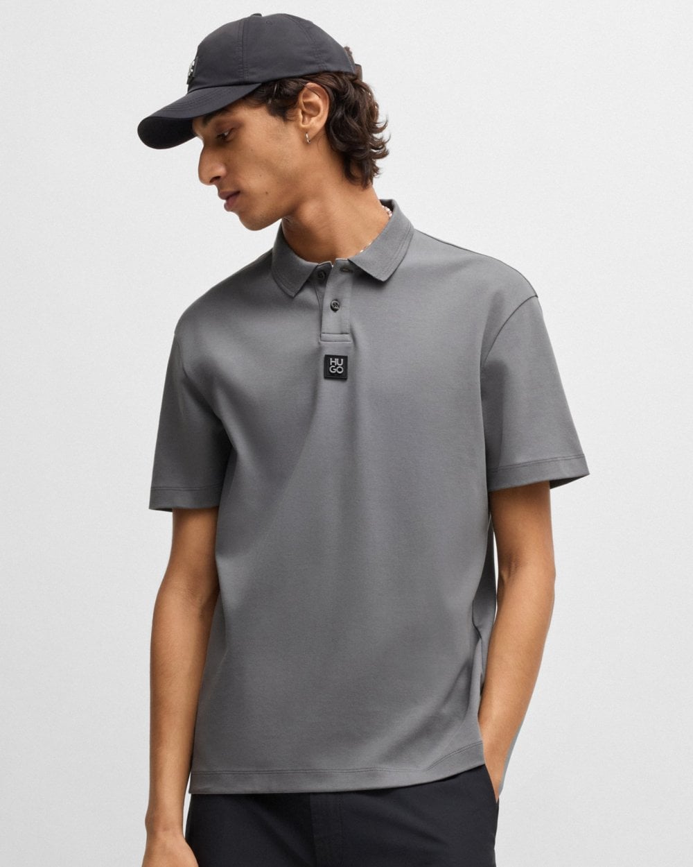 HUGO Deabono Mens Interlock Cotton Polo Shirt with Stacked Logo - Open Grey 086