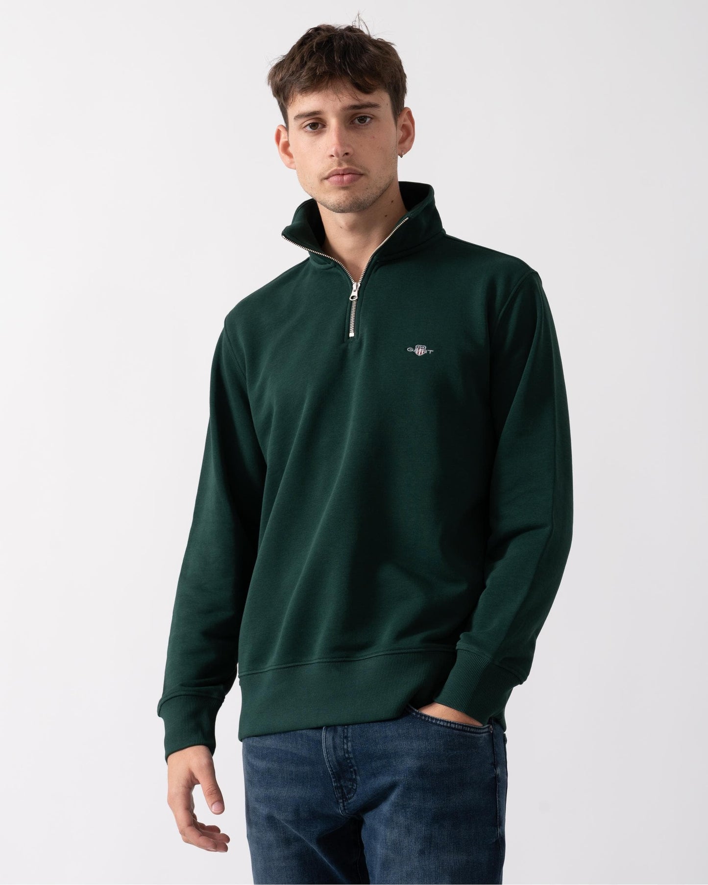 GANT Mens Regular Fit Shield Logo Half Zip Sweatshirt - 374 Tartan Green