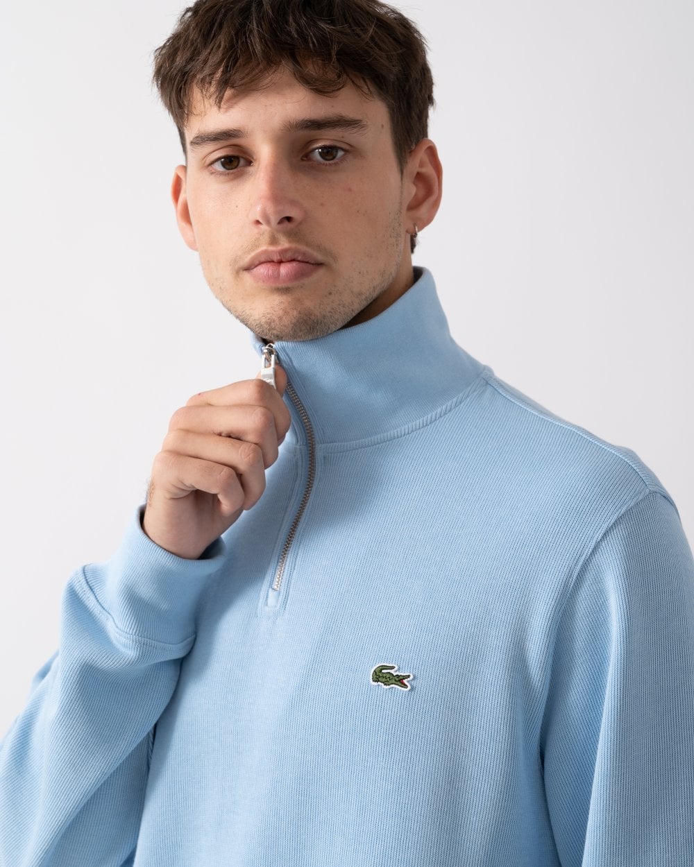 Lacoste Mens Zippered Stand-Up Collar Cotton Sweatshirt - Pale Blue HBP