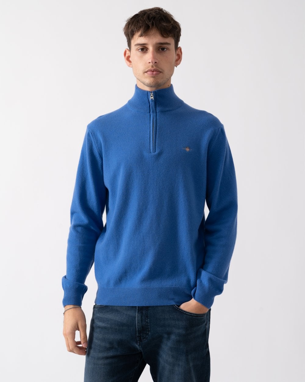 GANT Mens Superfine Lambswool Half Zip Cardigan - 407 Rich Blue