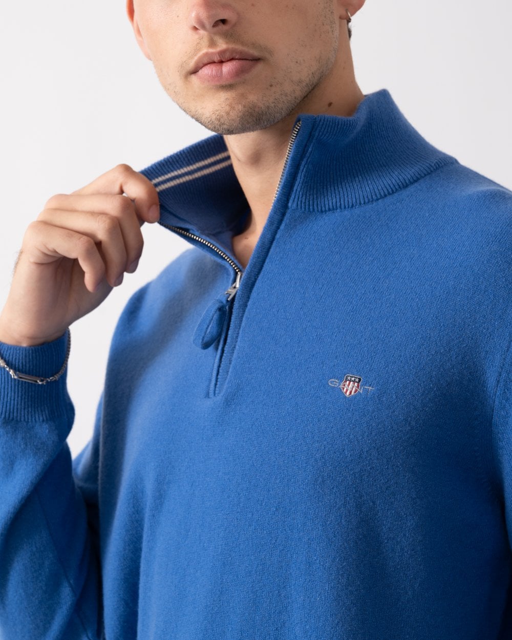 GANT Mens Superfine Lambswool Half Zip Cardigan - 407 Rich Blue