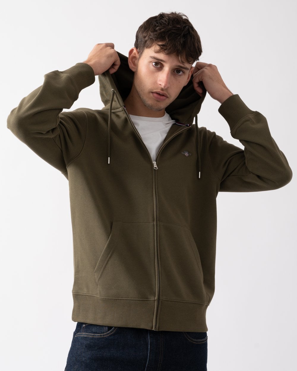 GANT Mens Regular Fit Shield Logo Full Zip Hoodie - 301 Juniper Green