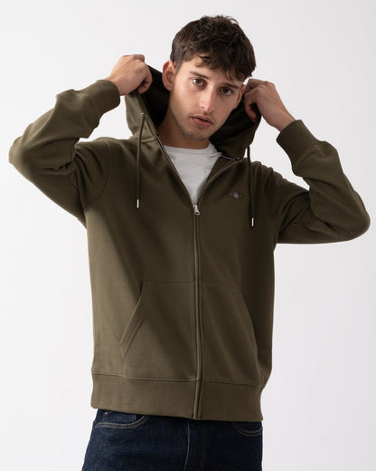 GANT Mens Regular Fit Shield Logo Full Zip Hoodie - 301 Juniper Green