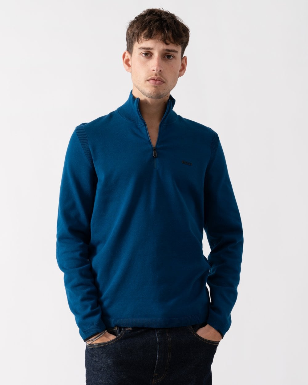 BOSS Green Ever-X Mens Cotton Blend Zip-Neck Sweater with Logo Print - Open Blue 494