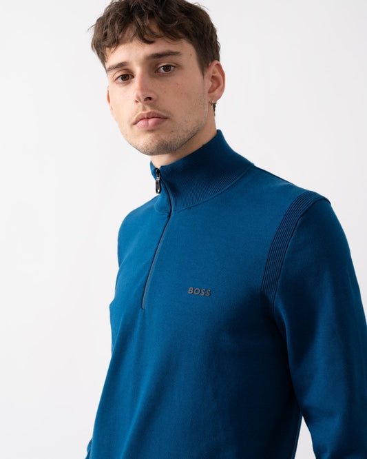 BOSS Green Ever-X Mens Cotton Blend Zip-Neck Sweater with Logo Print - Open Blue 494
