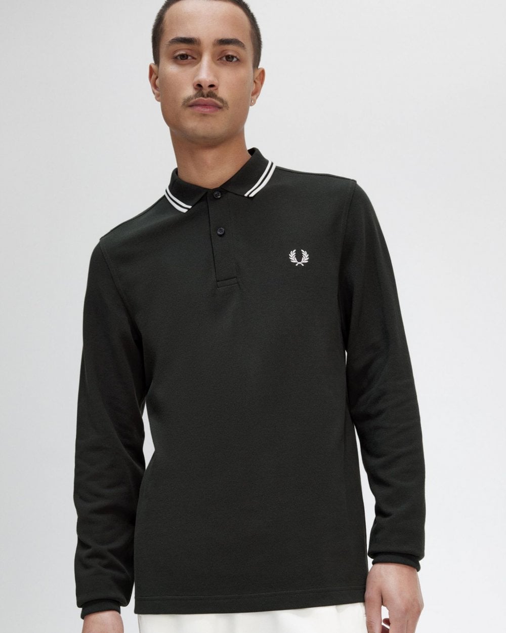 Fred Perry Mens Long Sleeve Twin Tipped Polo  Shirt - Night Green/Snow White T50