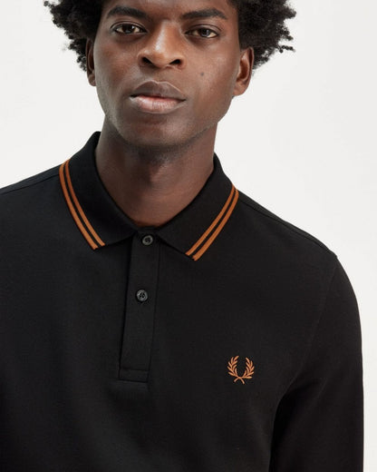 Fred Perry Mens Long Sleeve Twin Tipped Polo  Shirt - Black/Marmalade W96