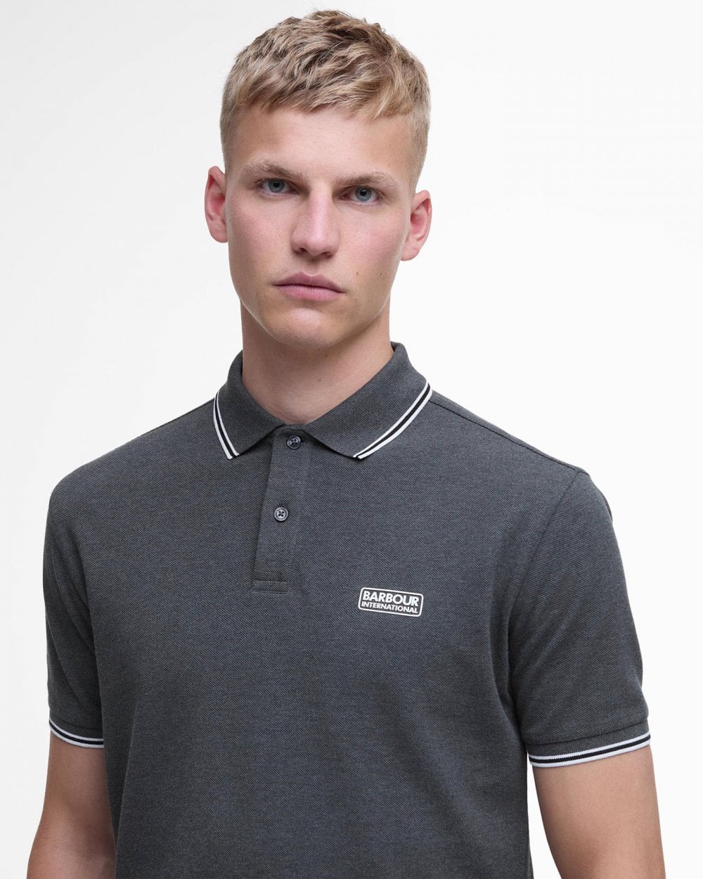 Barbour International Evan Mens Tipped Polo Shirt - Asphalt Marl/White