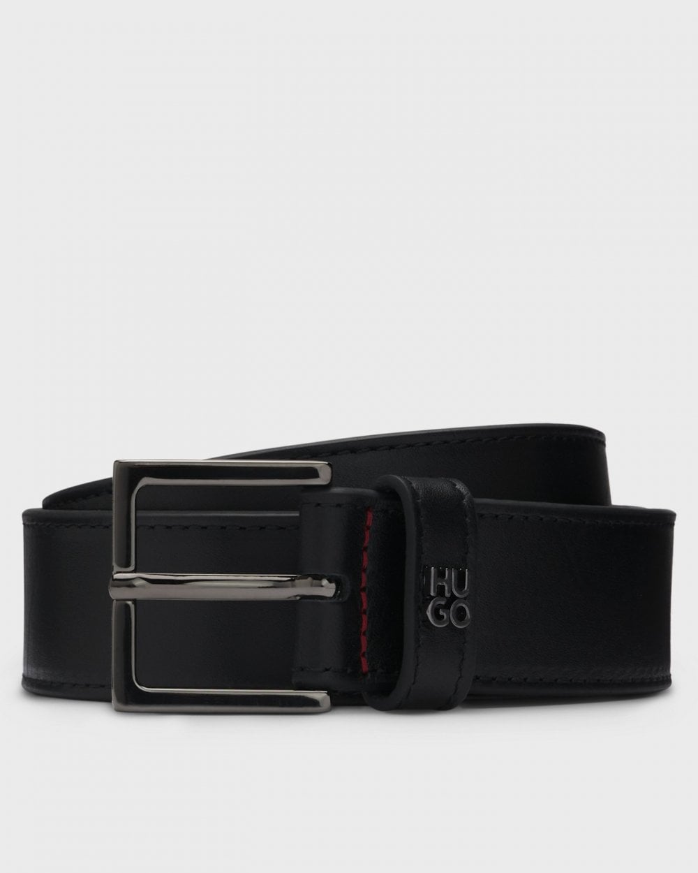HUGO Giove Mens Leather Belt with Stacked-Logo Keeper and Gunmetal Hardware 