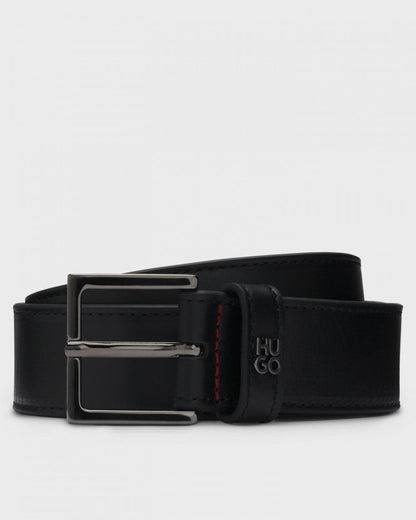 HUGO Giove Mens Leather Belt with Stacked-Logo Keeper and Gunmetal Hardware 
