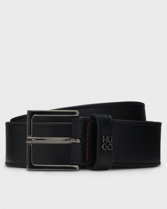HUGO Giove Mens Leather Belt with Stacked-Logo Keeper and Gunmetal Hardware 