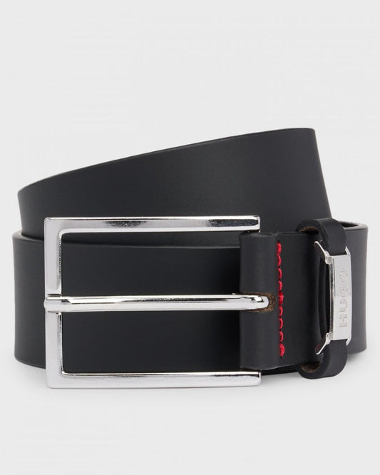 HUGO Gabriel Mens Buffalo-Leather Belt with Logo Keeper and Polished Hardware 
