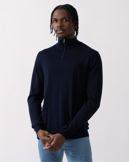 Oliver Sweeney Curragh Mens 1/4 Zip Funnel Neck Merino Wool Jumper - Navy