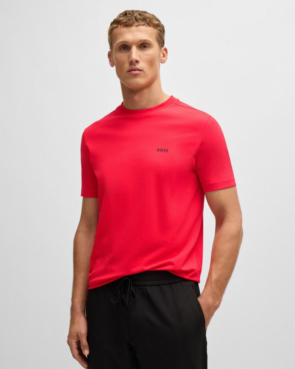 BOSS Green Tee Mens Stretch Cotton T-Shirt with Contrast Logo - Open Red 645