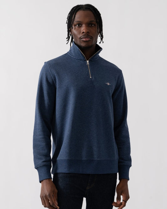 GANT Mens Regular Fit Shield Logo Half Zip Sweatshirt - 902 Dark Jeansblue Melange - CHO - Designer Mens Sweatshirts