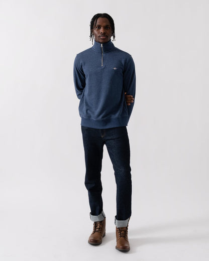GANT Mens Regular Fit Shield Logo Half Zip Sweatshirt - 902 Dark Jeansblue Melange