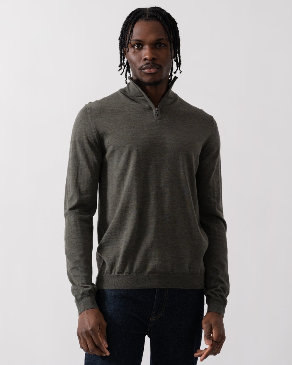 Oliver Sweeney Curragh Mens 1/4 Zip Funnel Neck Merino Wool Jumper - Khaki