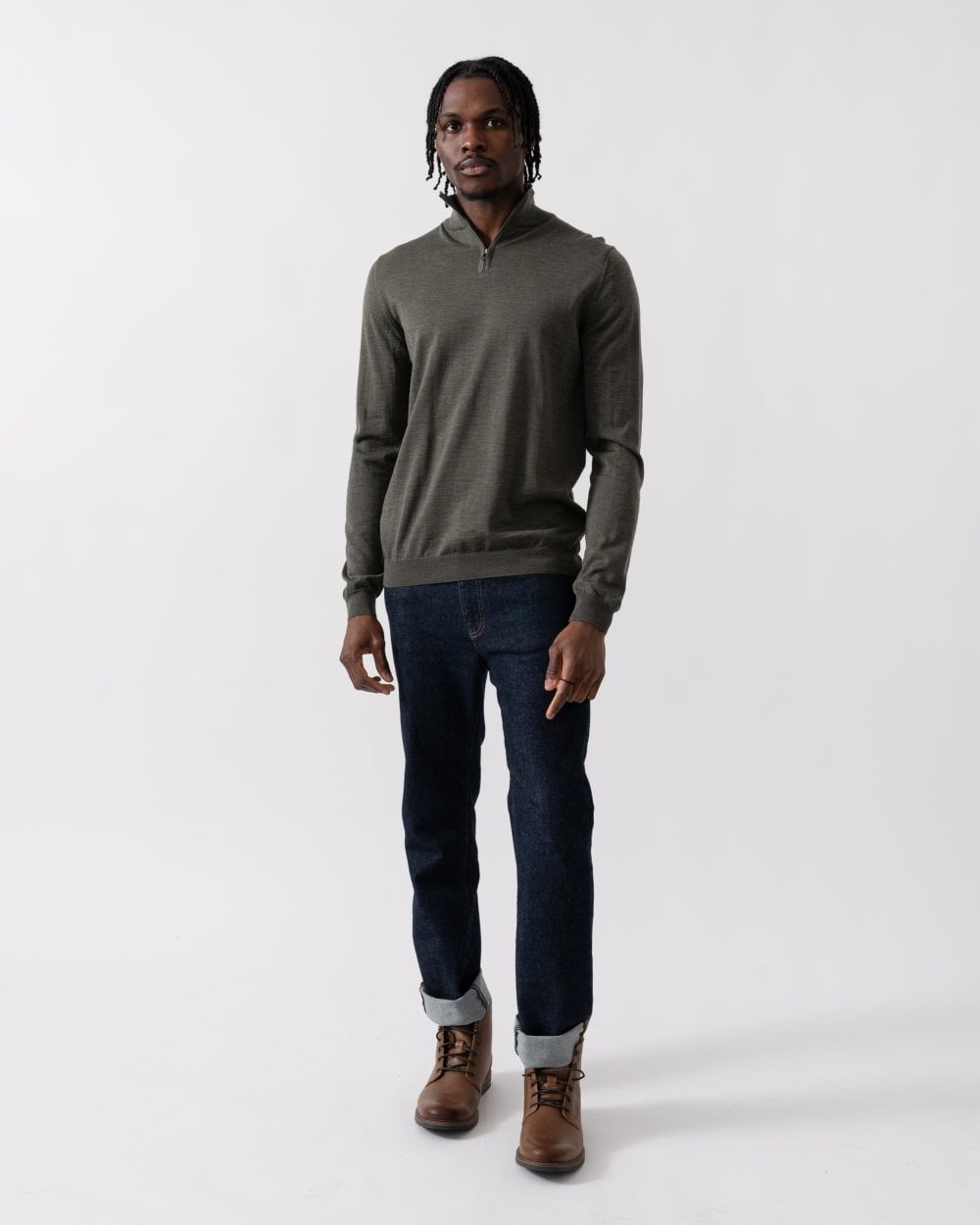 Oliver Sweeney Curragh Mens 1/4 Zip Funnel Neck Merino Wool Jumper - Khaki