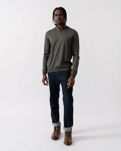 Oliver Sweeney Curragh Mens 1/4 Zip Funnel Neck Merino Wool Jumper - Khaki