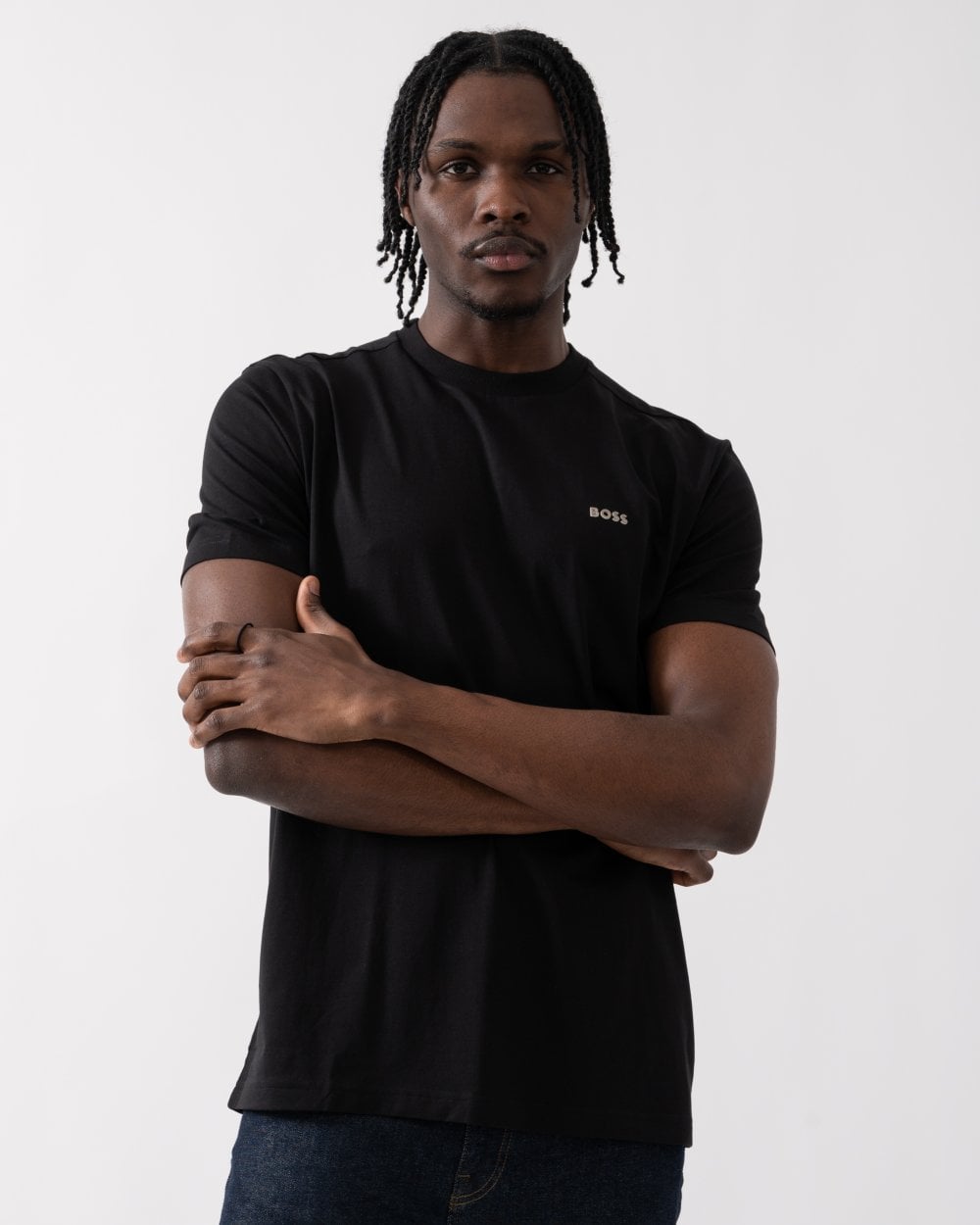 BOSS Green Tee Mens Stretch Cotton T-Shirt with Contrast Logo - Black 006