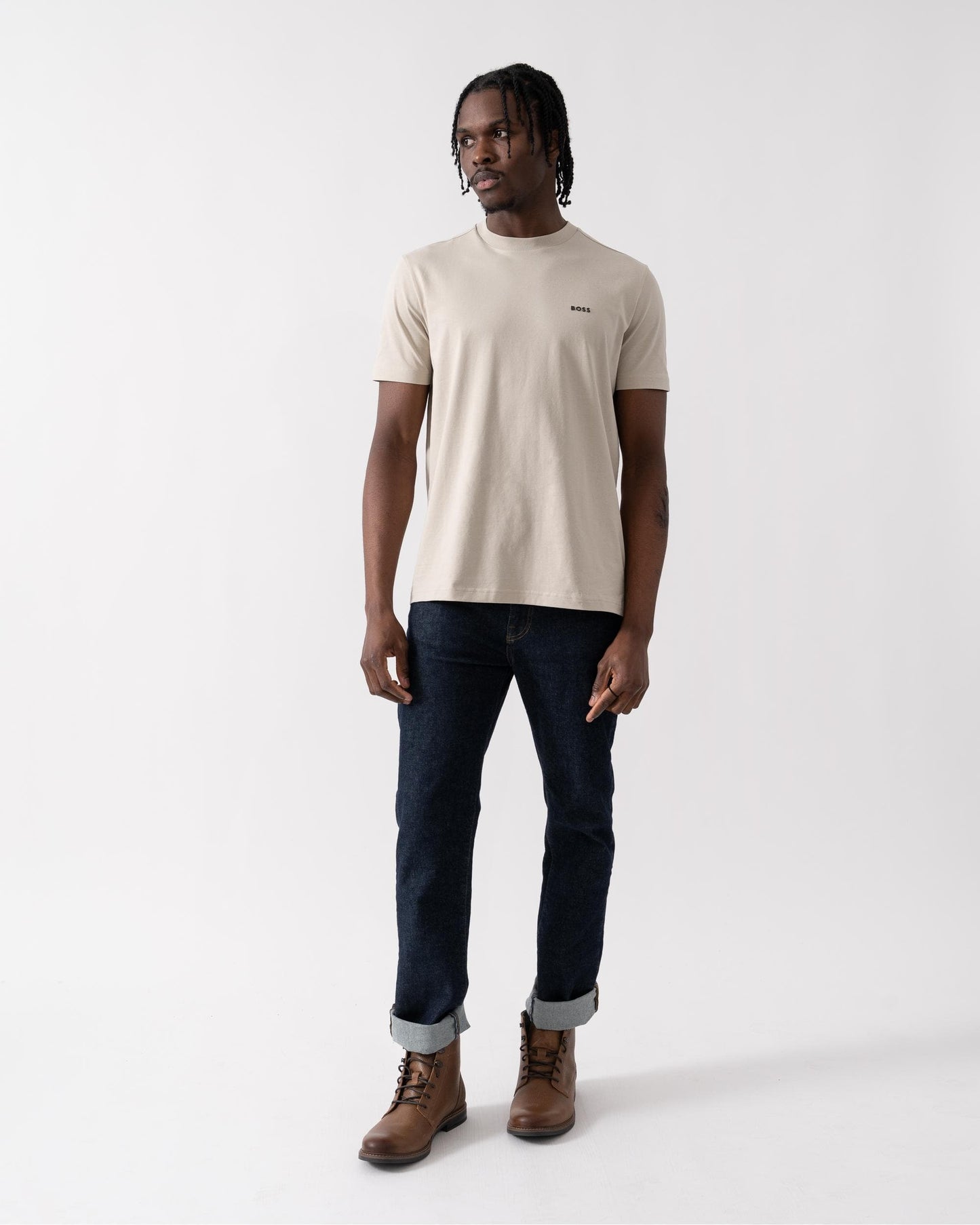 BOSS Green Tee Mens Stretch Cotton T-Shirt with Contrast Logo - Light Beige 273