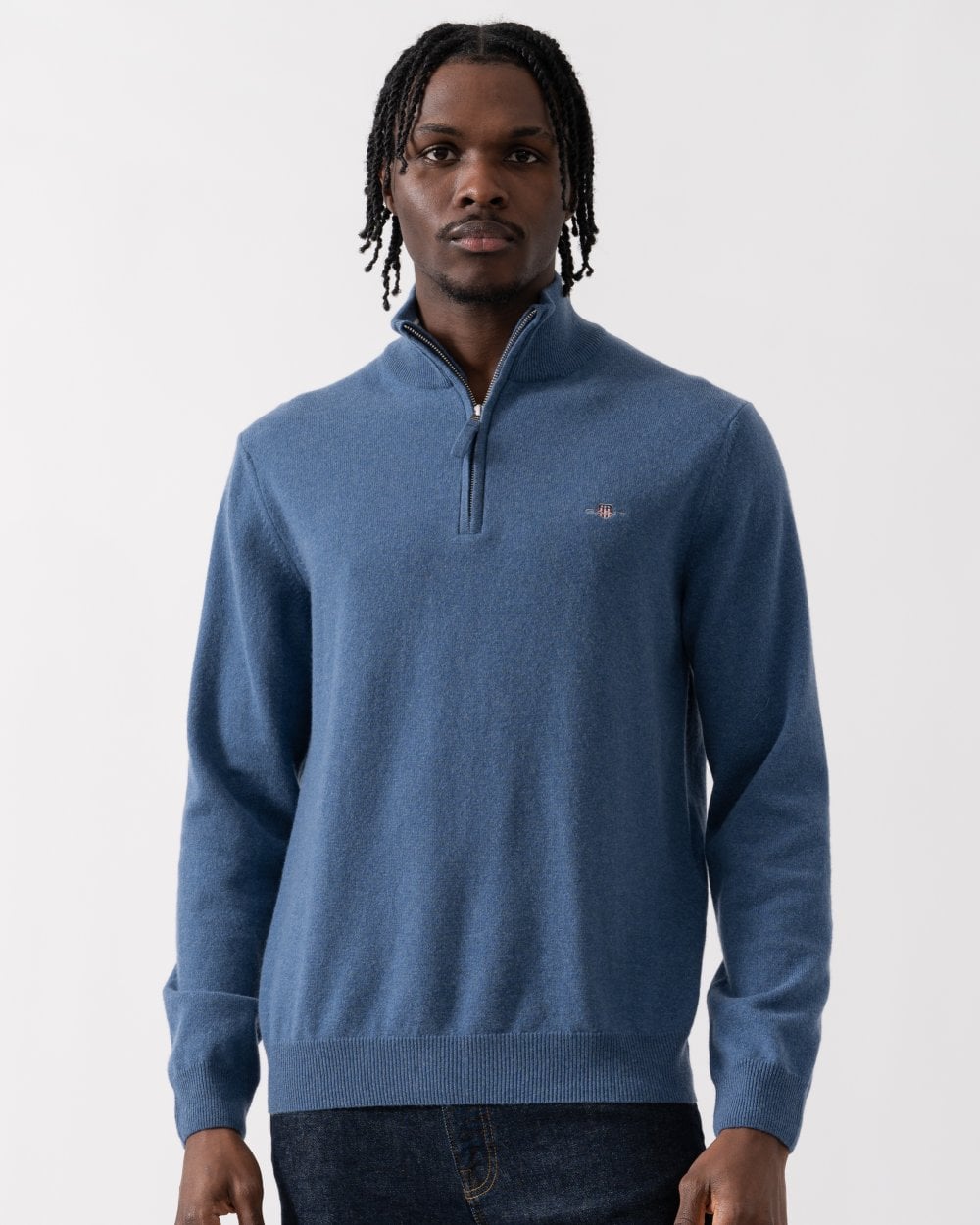 GANT Mens Superfine Lambswool Half Zip Cardigan - 902 Dark Jeansblue Melange