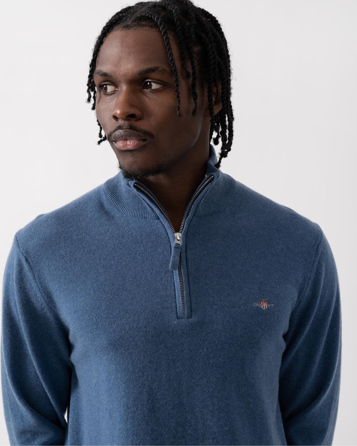 GANT Mens Superfine Lambswool Half Zip Cardigan - 902 Dark Jeansblue Melange