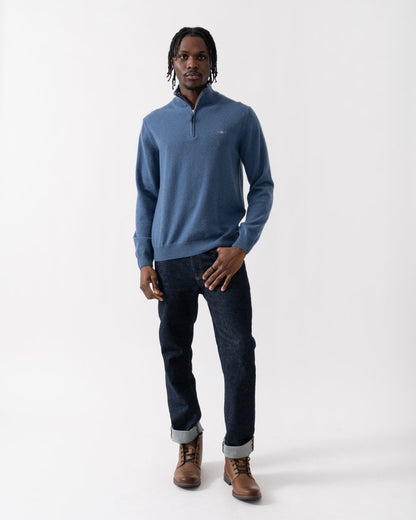 GANT Mens Superfine Lambswool Half Zip Cardigan - 902 Dark Jeansblue Melange