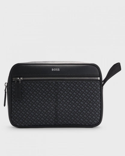 BOSS Orange Zair Mens Faux-Leather Washbag with Monogram-Print Front Pocket 