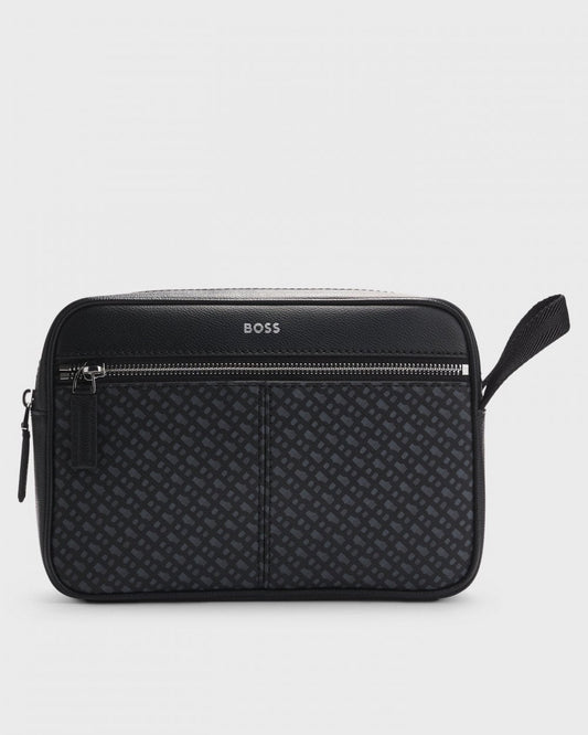 BOSS Orange Zair Mens Faux-Leather Washbag with Monogram-Print Front Pocket 