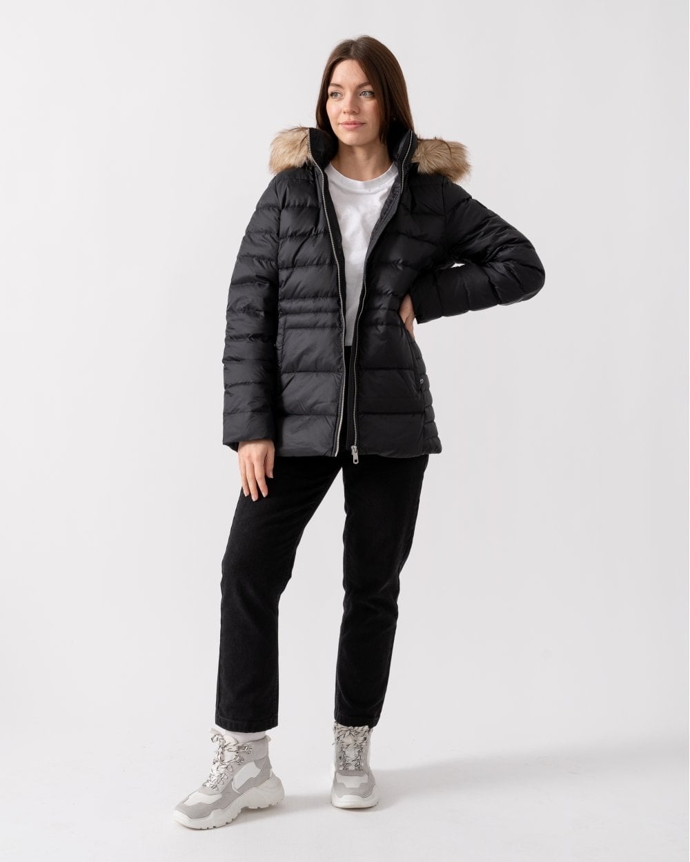 Tommy Hilfiger Tyra Down Faux Fur Womens Jacket - Black