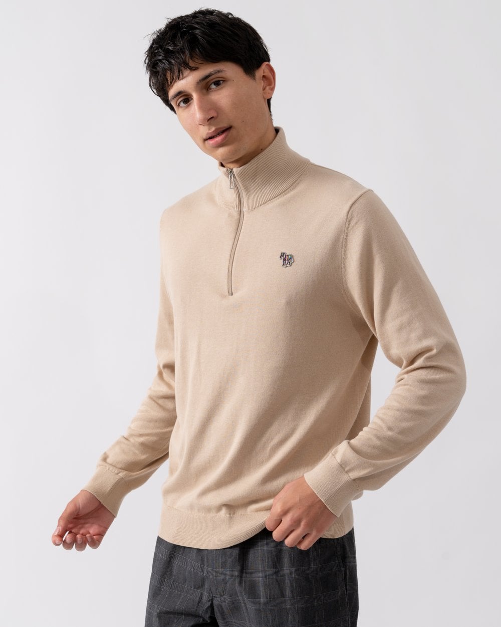 PS Paul Smith Mens Zip Neck Zebra Badge Sweater - 61 Medium Beige