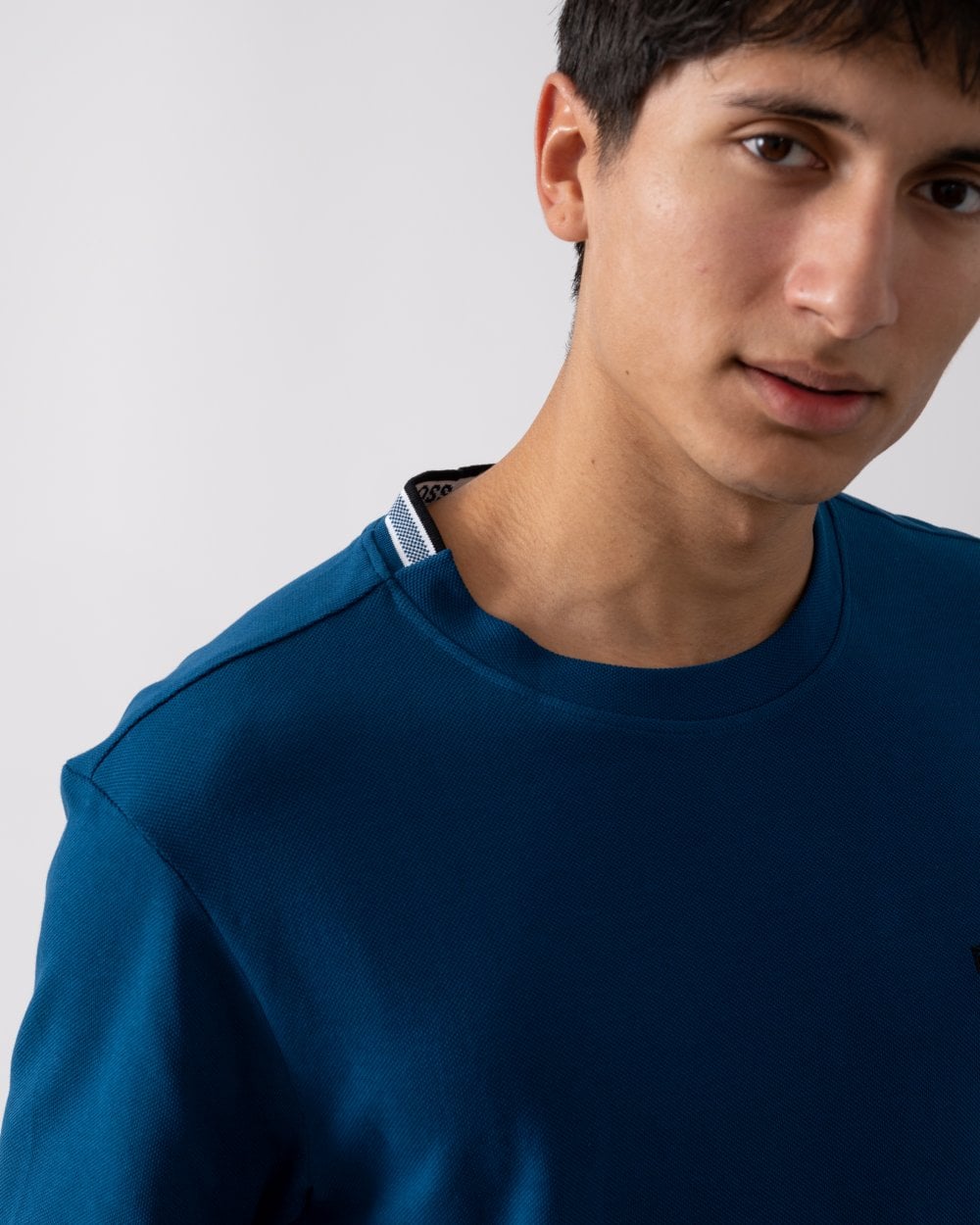 BOSS Green Taddy Mens Cotton Piqué T-Shirt with Oxford-Jacquard Back Collar - Open Blue 494