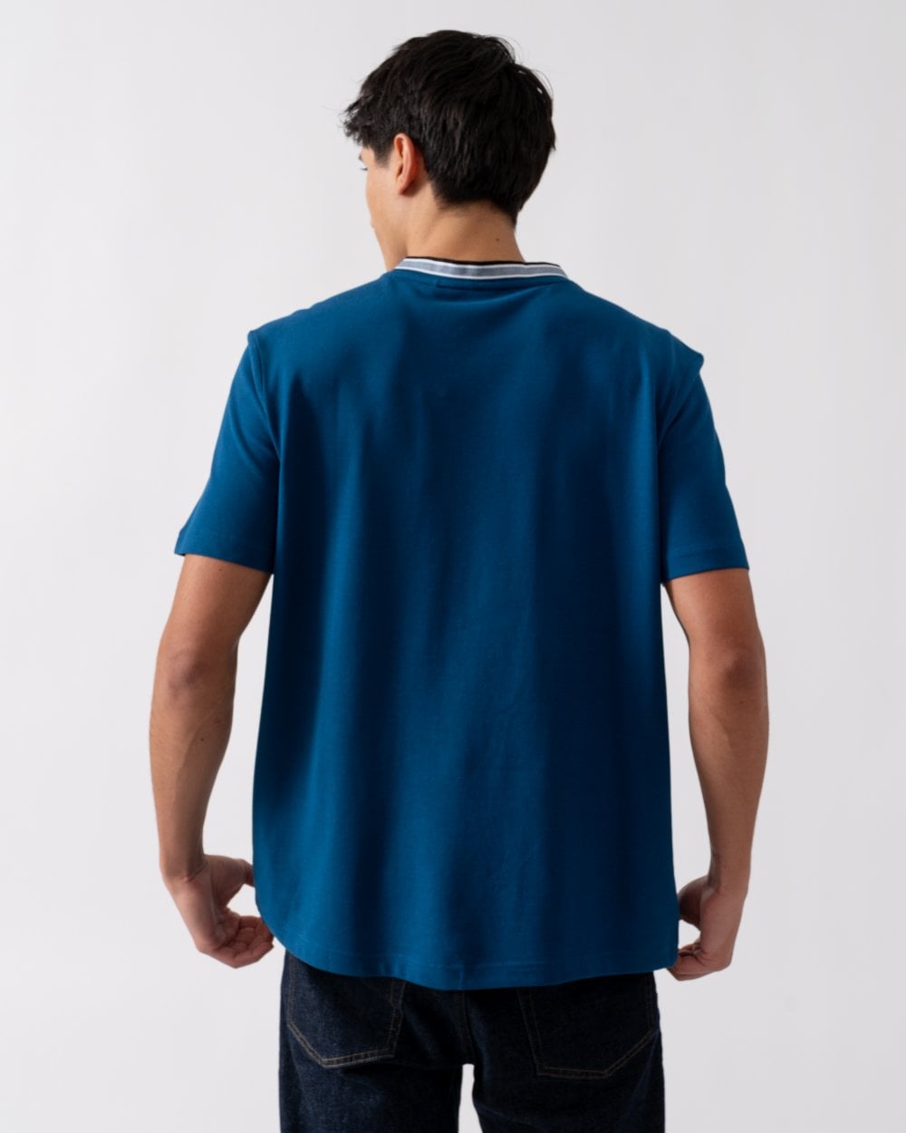 BOSS Green Taddy Mens Cotton Piqué T-Shirt with Oxford-Jacquard Back Collar - Open Blue 494