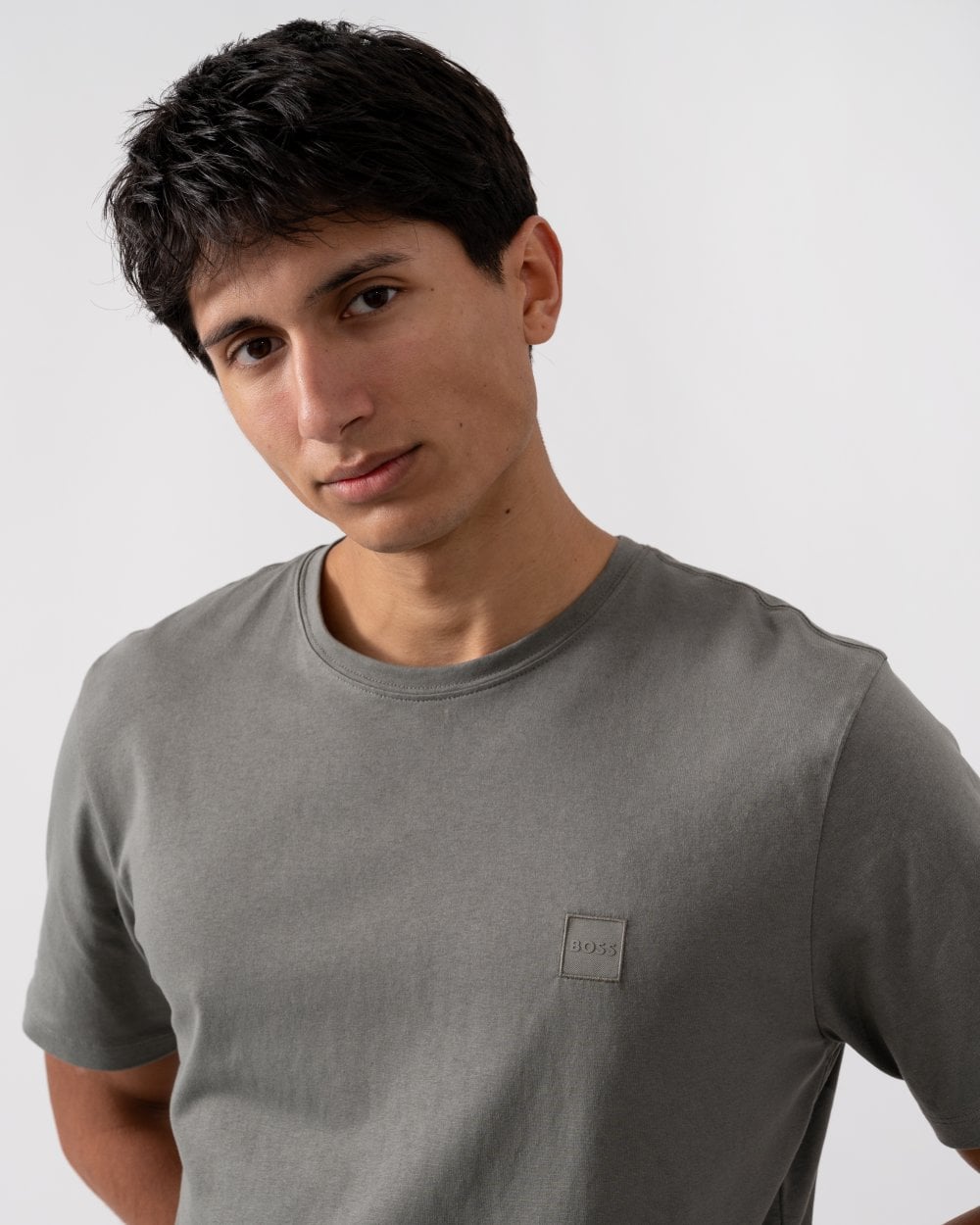 BOSS Orange Tales Mens Cotton-Jersey T-shirt With Logo Patch - Grey-Green 076