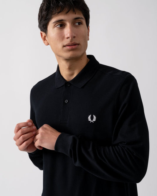 Fred Perry Mens Long Sleeve Plain Signature Polo Shirt NOS - Black/White 350