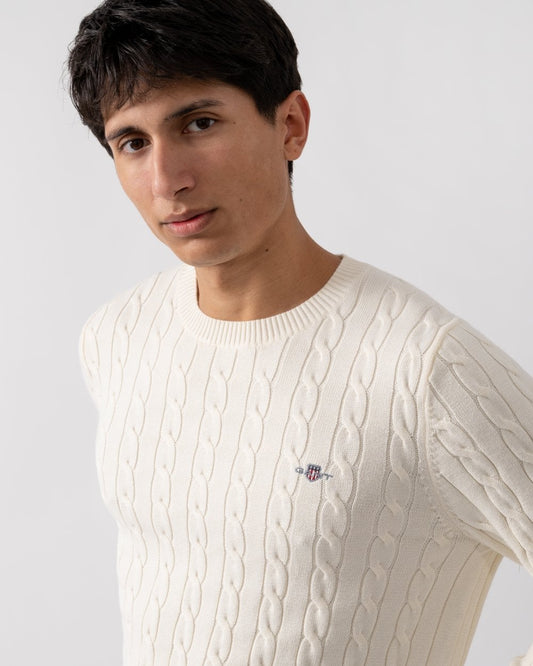 GANT Mens Cotton Cable Knit Crew Neck Jumper - 130 Cream
